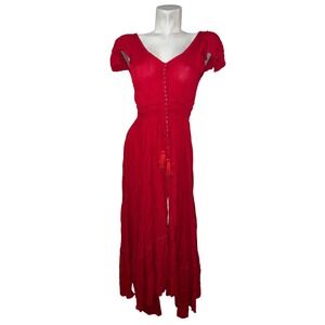 New GOA Red Smocked Maxi Dress Open Back Tassel Button Front Boho Flutter Slv L
